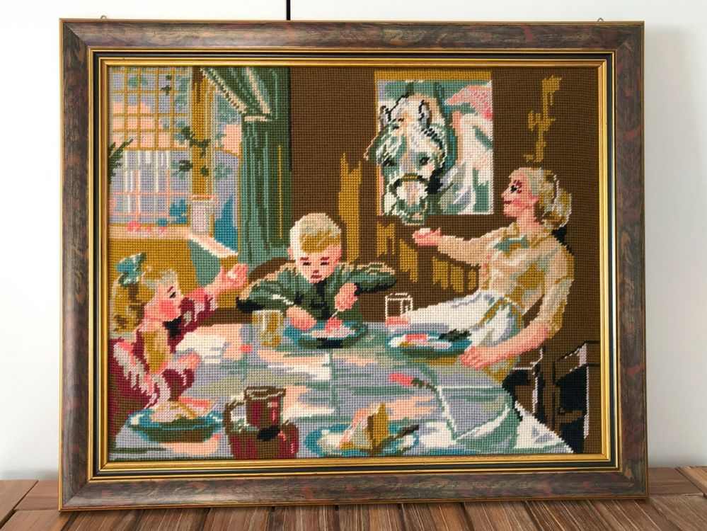 Scene di Gobelin affettuosa, cornice 57 cm di larghezza x 47 cm di altezza