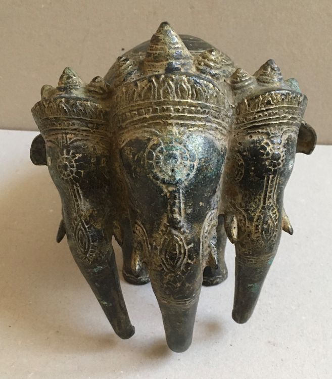 🟡 alte Skulptur 3-köpfiger Elefant Khmer Stil ASIATIK 🎄