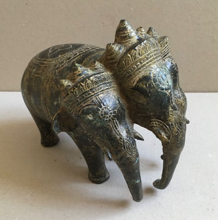 🟡 alte Skulptur 3-köpfiger Elefant Khmer Stil ASIATIK 🎄 - Image 2