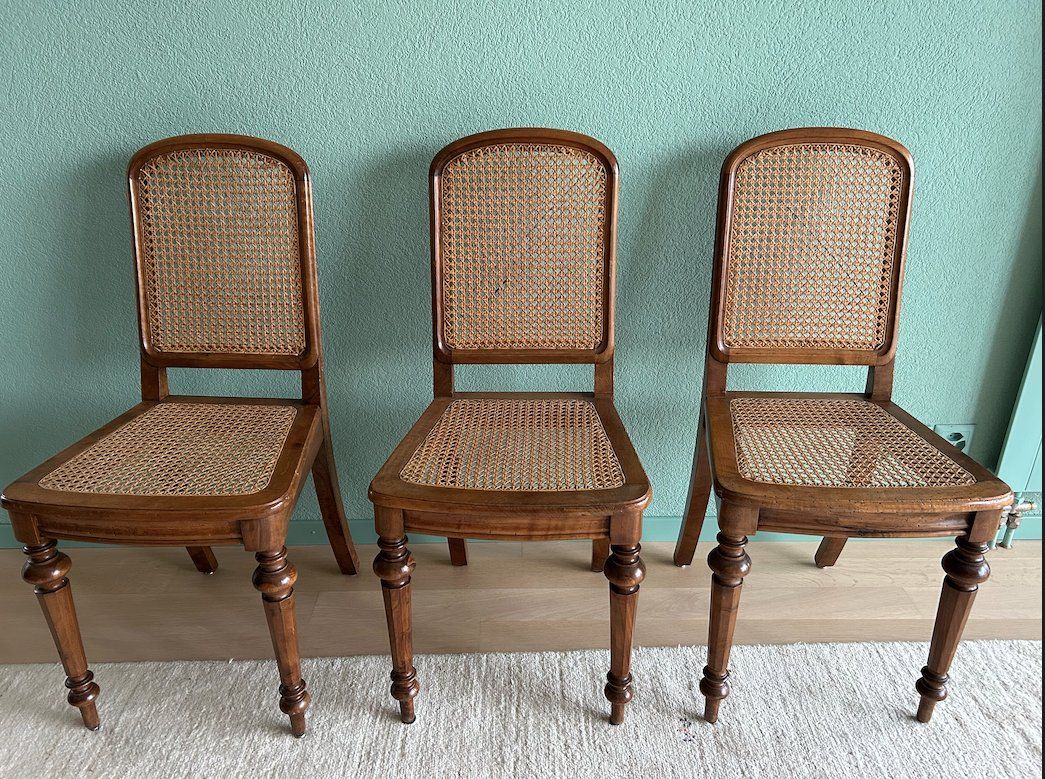 6 sedie in legno marrone con rete a maglie - Image 1