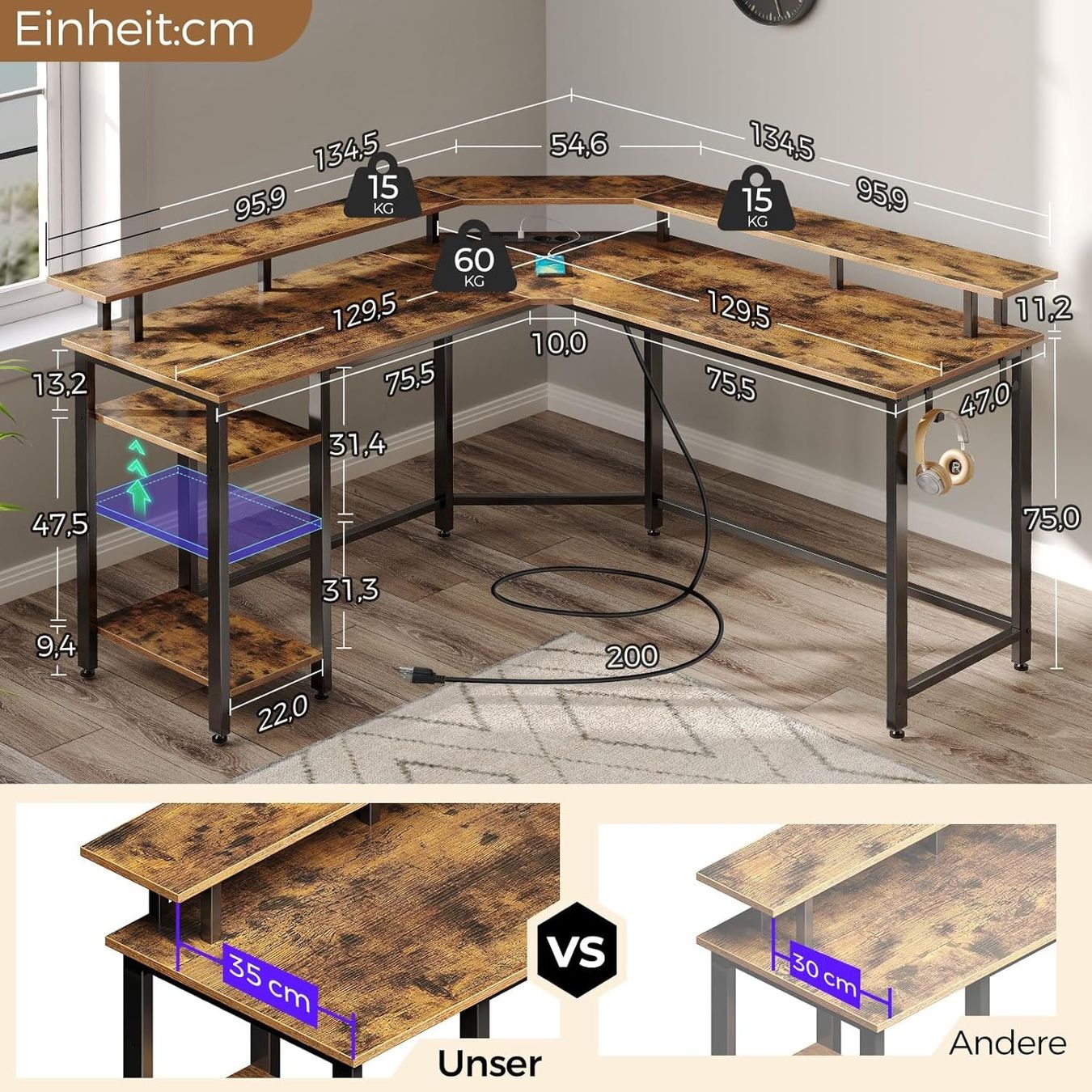 Schreibtisch L Form mit RGB-LED & Steckdosen, 134,5 x 134,5 - Image 3