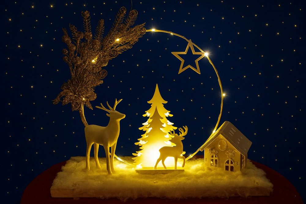 Set di decorazioni natalizie con illuminazione: casa, albero di Natale, capriolo
