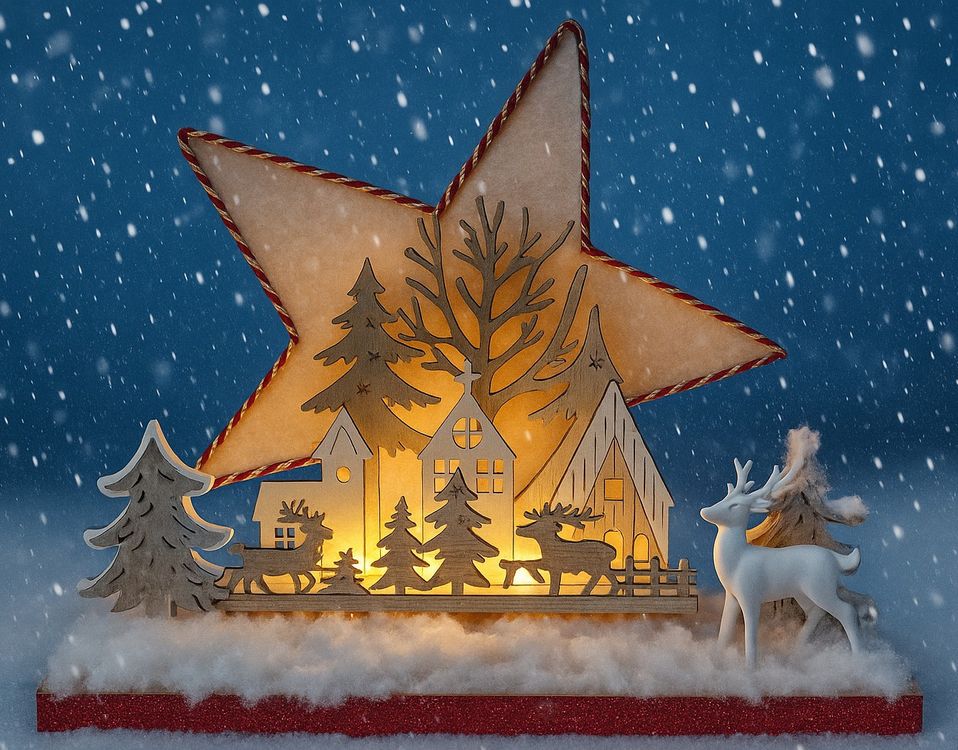Decorazione in legno con stella e villaggio di Natale, Natale, ottimo stato!
