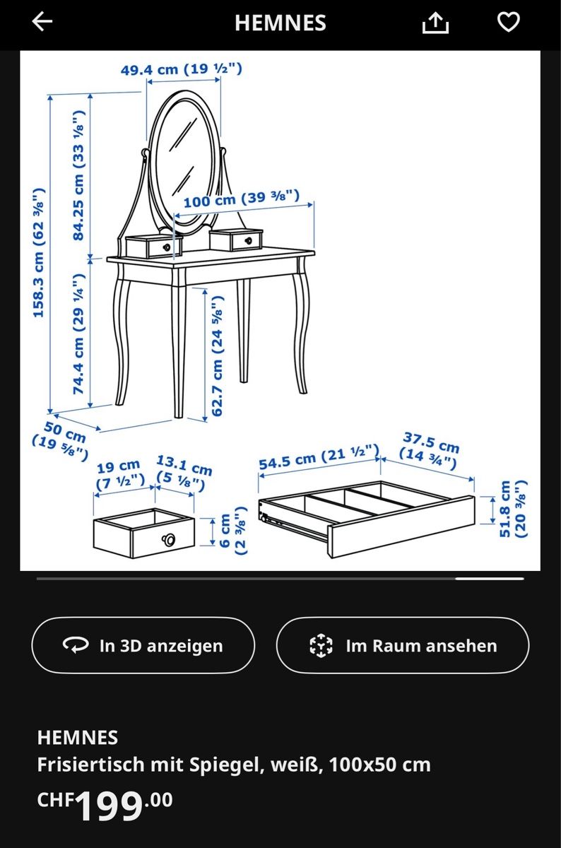 Hemnes Vanity/Dressing Table with Mirror, white - Image 3