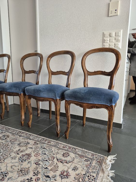 Sedie antiche, 4 pz., legno, imbottitura blu, ottimo stato