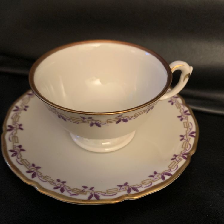 Moccatasse vintage con piattino, bordo oro, Langenthal