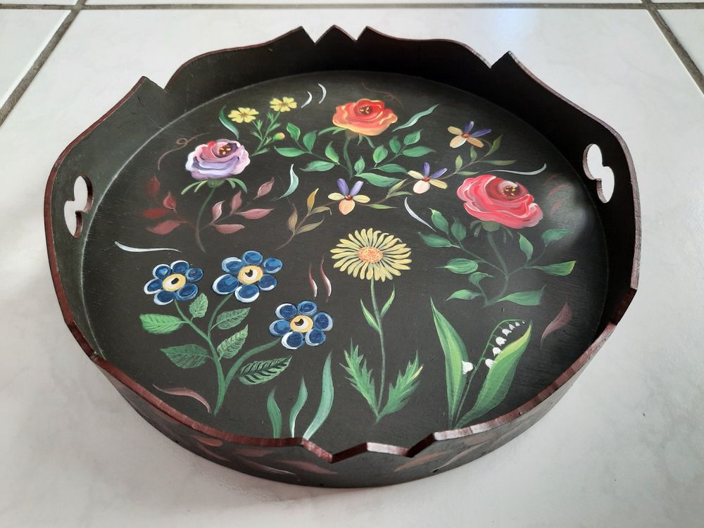 Piatto in legno dipinto a mano con motivo floreale, D24cm Top Condition