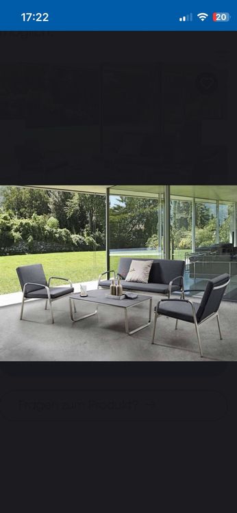 Salotto da giardino in acciaio inox con cuscino in tessuto batistino quickdry