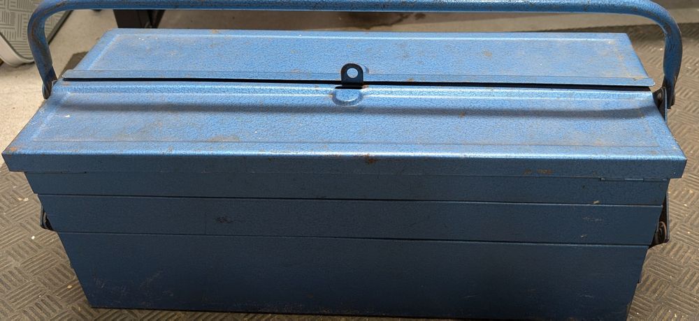 Cassetta degli attrezzi, vintage, metallo, blu, officina, stato buono