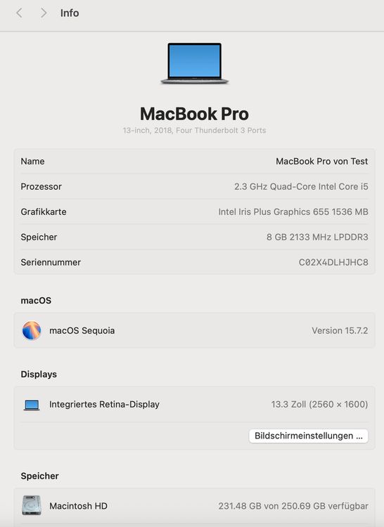 MacBook Pro 13", 2018, i5 Quad-Core, 8 GB di RAM, 250 GB di spazio di archiviazione - Image 2