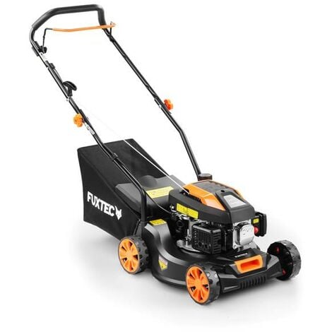 Rasaerba a benzina FUXTEC con potenza di 1,8 HP e soli 18 kg di peso, larghezza di taglio 40 cm e larghezza di taglio 40 cm. Regolazione altezza di taglio a 3 stadi da 25 a 55 mm con rasaerba 4 tempi 80cc compreso cesto di raccolta erba da 45 litri FX-RM4