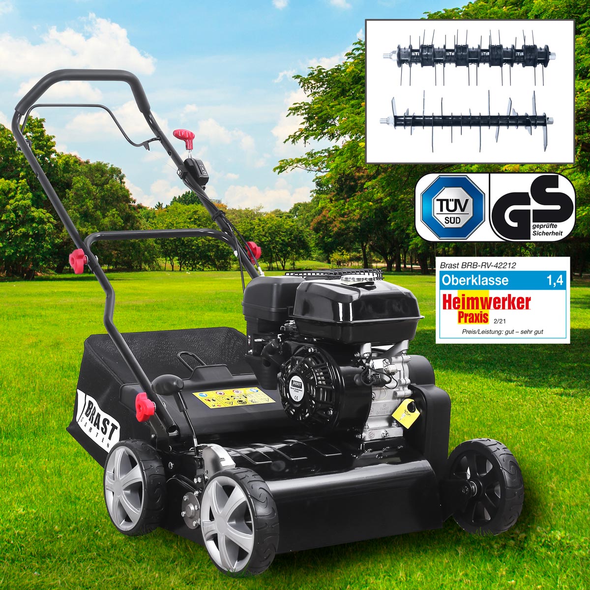 BRAST Scarificatore a Benzina 4,5 kW (6,12 HP) 2 in 1 Aeratore per Prato Rimuovi Muschio 212 cc - Image 1