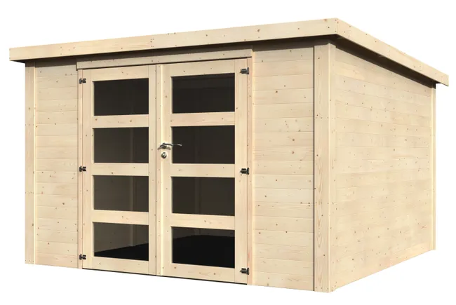 Casa in legno Kuma Axess che misura 328x204x333,2 cm e 10,91 mq