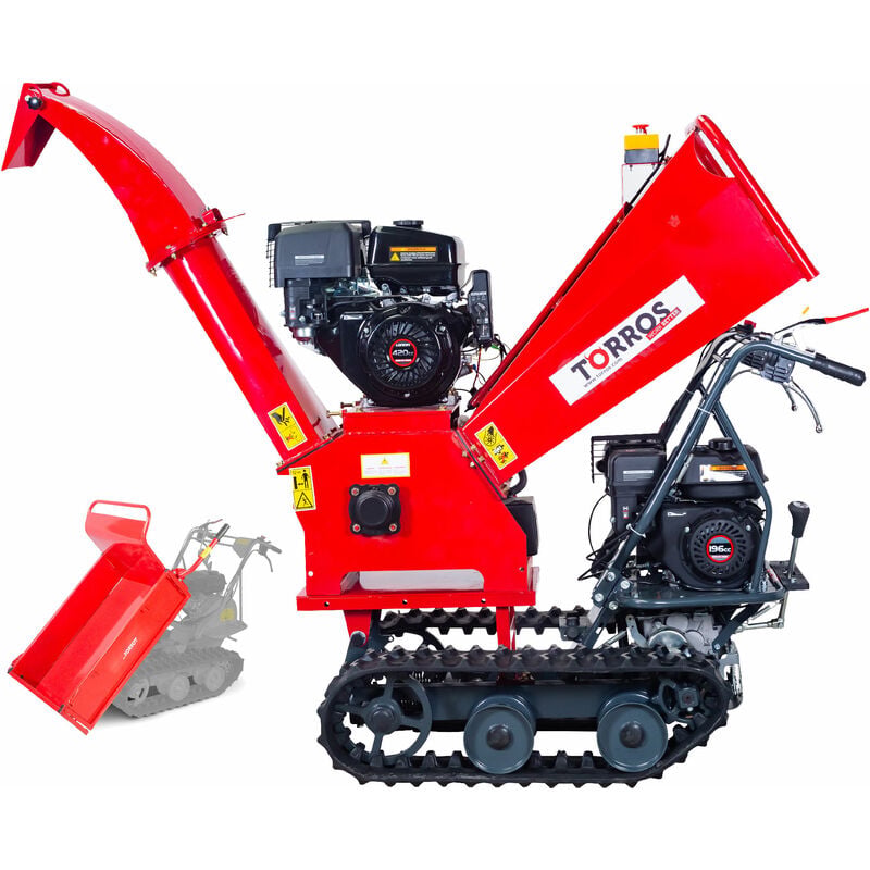 Cippatore termico semovente 15CH ø 120mm + carriola con motore cingolato 300KG 6,5CH vassoio Torros RHK120