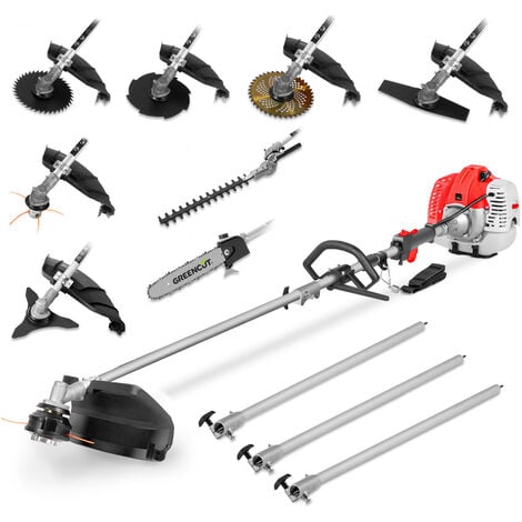 Decespugliatore a benzina multifunzione GM650X-9 2T, motore 65cc 4,9 hp, 9 accessori da taglio, doppia stegola, cinghia, forbici, tagliasiepi - GREENCUT