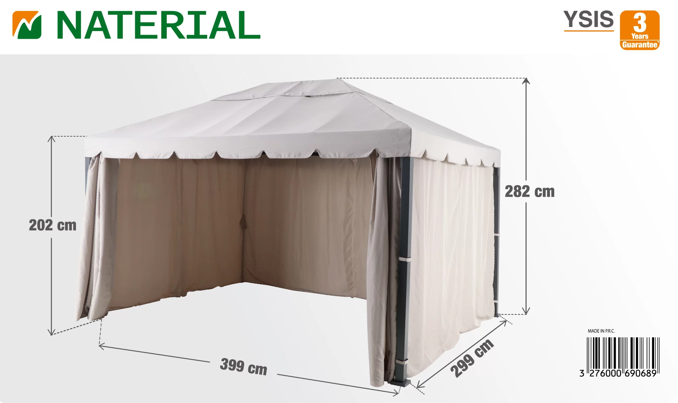 Gazebo da giardino Ysis 400x300x282 cm marrone con zanzariera Naterial