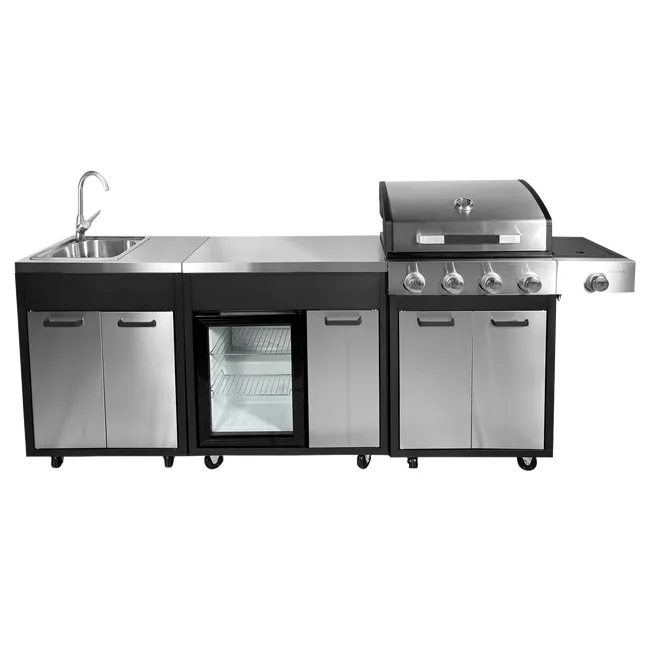 Griglia a gas a 4 fuochi. Mobile cucina da giardino 2,63 kW + lavello + frigorifero