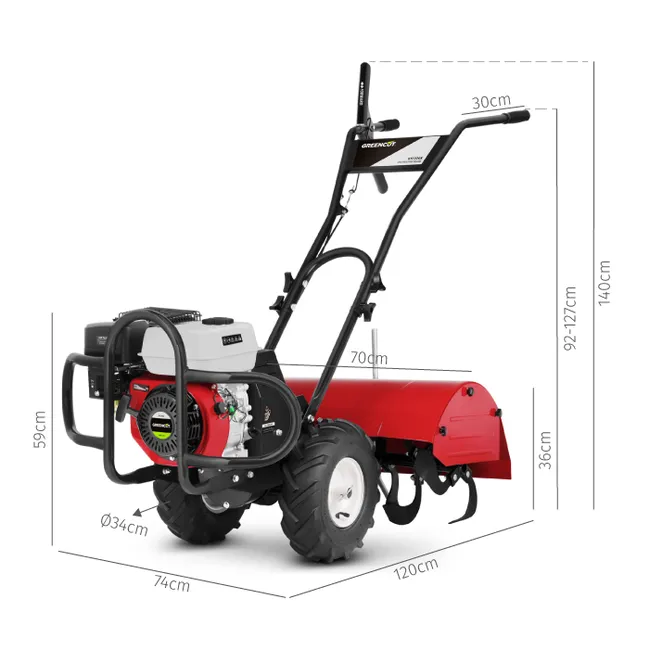 Motocoltivatore a benzina da 212 cc e 7 HP, larghezza di lavoro 70 cm, profondità fino a 35 cm, potente e maneggevole - GREENCUT GTC220X