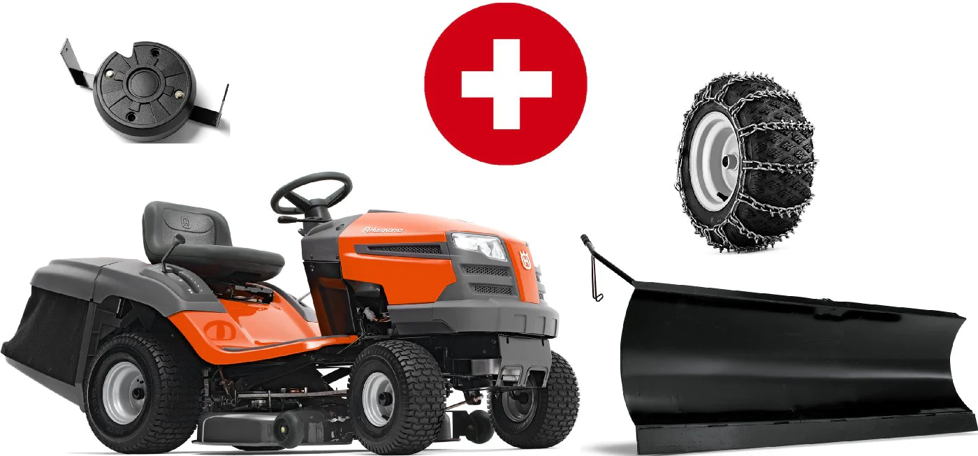 Pacchetto invernale per trattorino rasaerba Husqvarna TC 138L con lama da neve, fascia elastica, zavorra e catene da neve - modello 2023