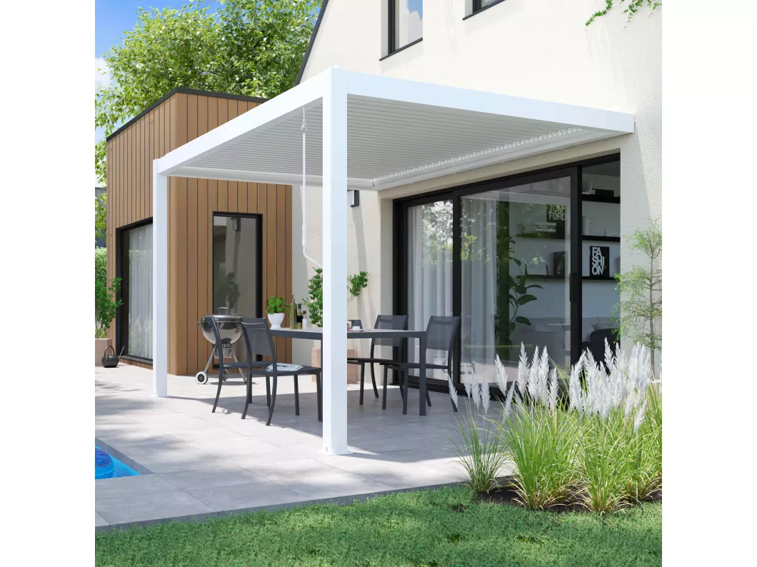 Pergola bioclimatica addossata 3x4 m in alluminio bianco