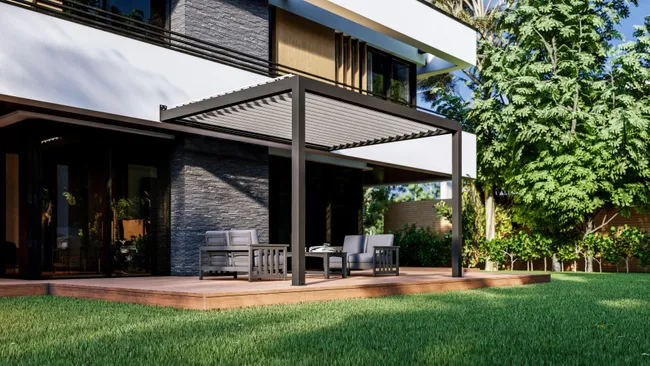 Pergola bioclimatica appoggiata su Genova 4x3 m grigia con doghe bianche