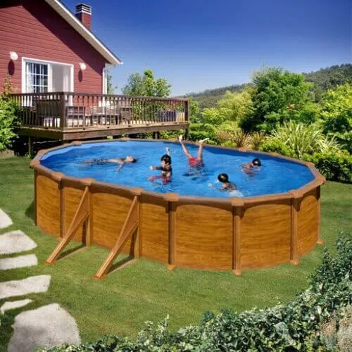 Piscina ovale in acciaio 6,34 m x 3,99 m x H: 1,22 m - Simil legno - Filtrazione a sabbia - Rinforzi a vista