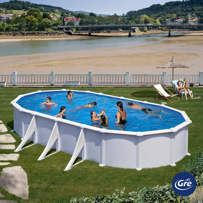 Piscina ovale rimovibile GRE in acciaio bianco 7,3 x 3,75 x 1,32 m