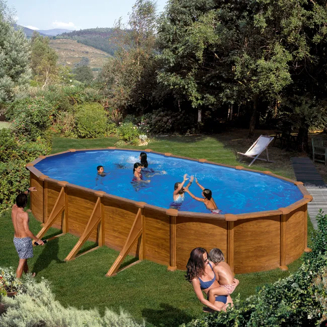 Piscina ovale rimovibile GRE in acciaio finto legno 7,3 x 3,75 x 1,32 m