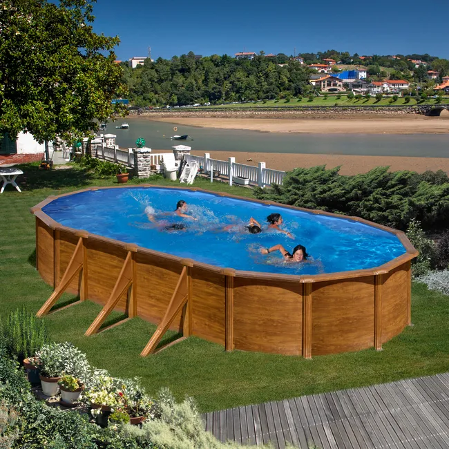 Piscina ovale rimovibile in acciaio simil legno GRE 7,3 x 3,75 x 1,2 m