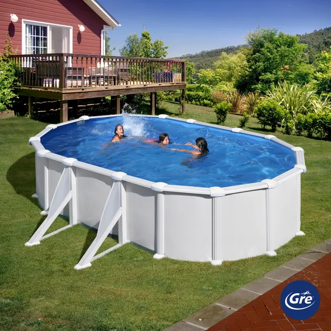 Piscina ovale smontabile GRE in acciaio bianco 6,1 x 3,75 x 1,32 m