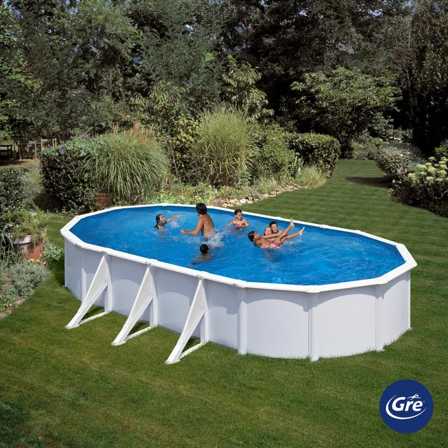 Piscina ovale smontabile GRE in acciaio bianco 7,3 x 3,75 x 1,20 m