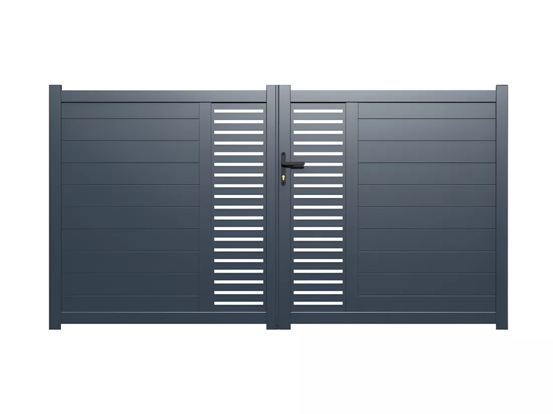 Porta battente elettrica in kit L300 x H164 cm Alluminio semiforato con motivi Antracite - ORIST II
