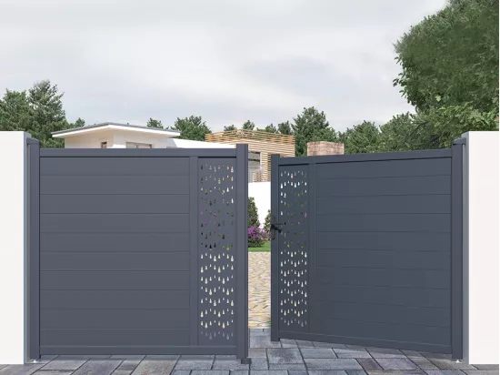 Porta battente elettrica L355 x H181 cm in alluminio semiforato con motivi Antracite - GREGOR