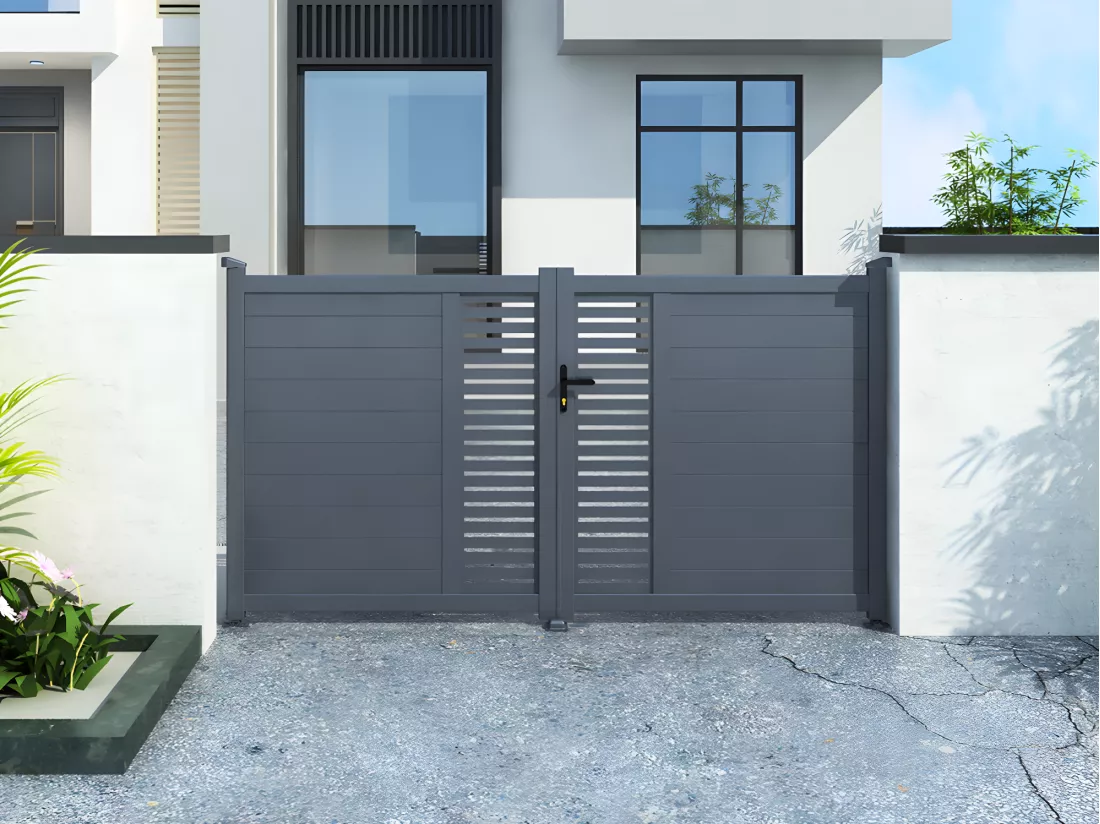 Porta battente in kit L300 x H164 cm Alluminio semiforato con motivi Antracite - ORIST II