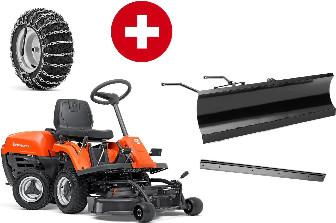 Rasaerba frontale Husqvarna R 112C con piatto di taglio Combi 85 - pacchetto invernale con lama da neve, gomma e catene da neve - modello 2023