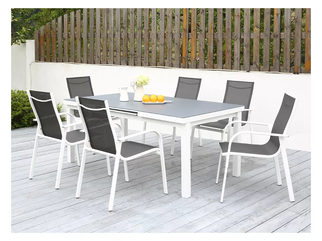 Sala da pranzo da giardino con 6 sedie e tavolo allungabile Struttura: Alluminio Grigio e Bianco - LINOSA