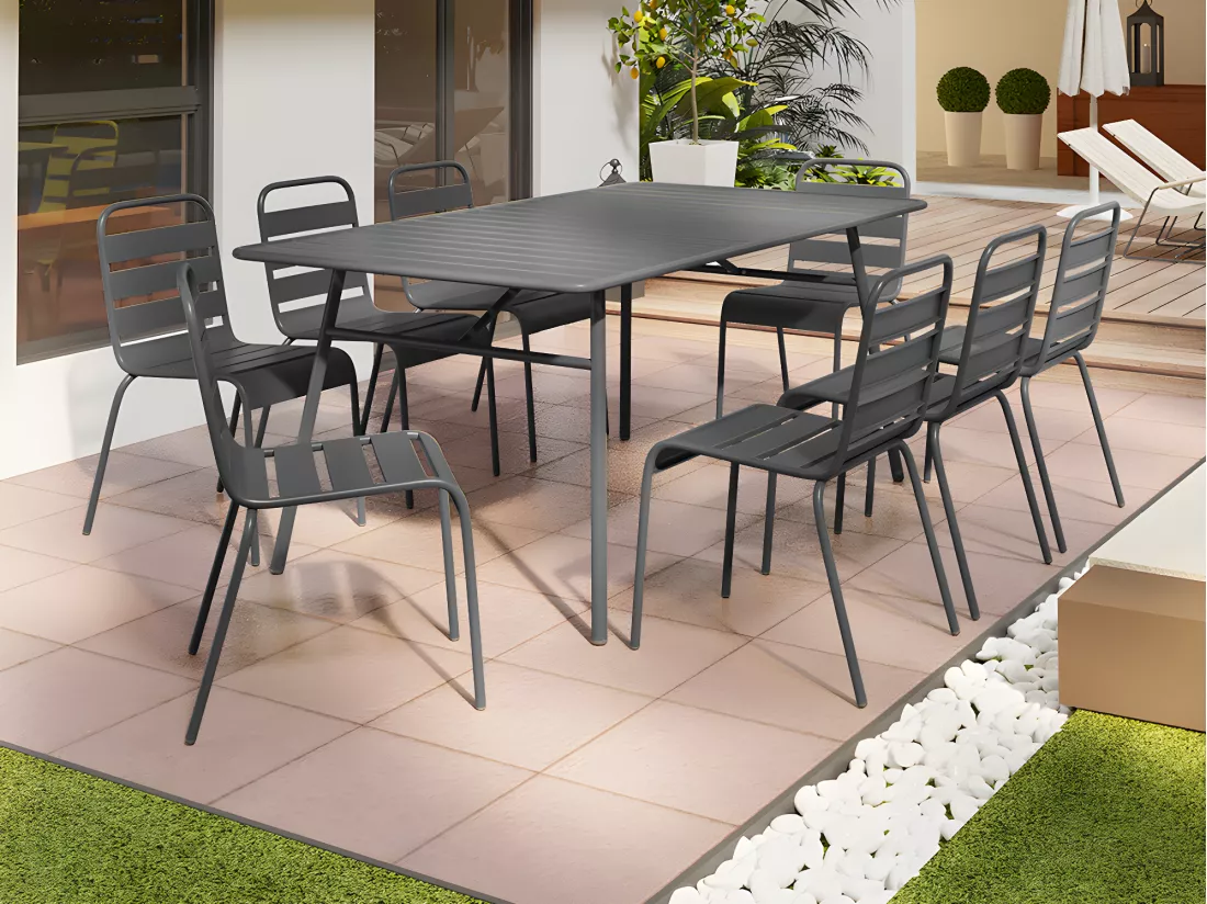 Sala da pranzo da giardino in metallo - Tavolo L.200 cm e 8 sedie impilabili - Grigio scuro - MIRMANDE by MYLIA