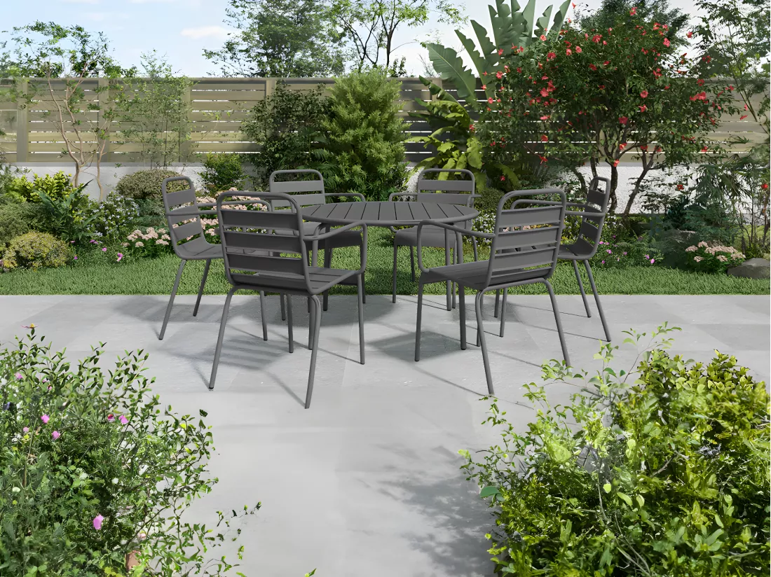 Sala da pranzo da giardino in metallo - Tavolo rotondo D.130 cm e 6 sedie impilabili - Grigio scuro - MIRMANDE by MYLIA