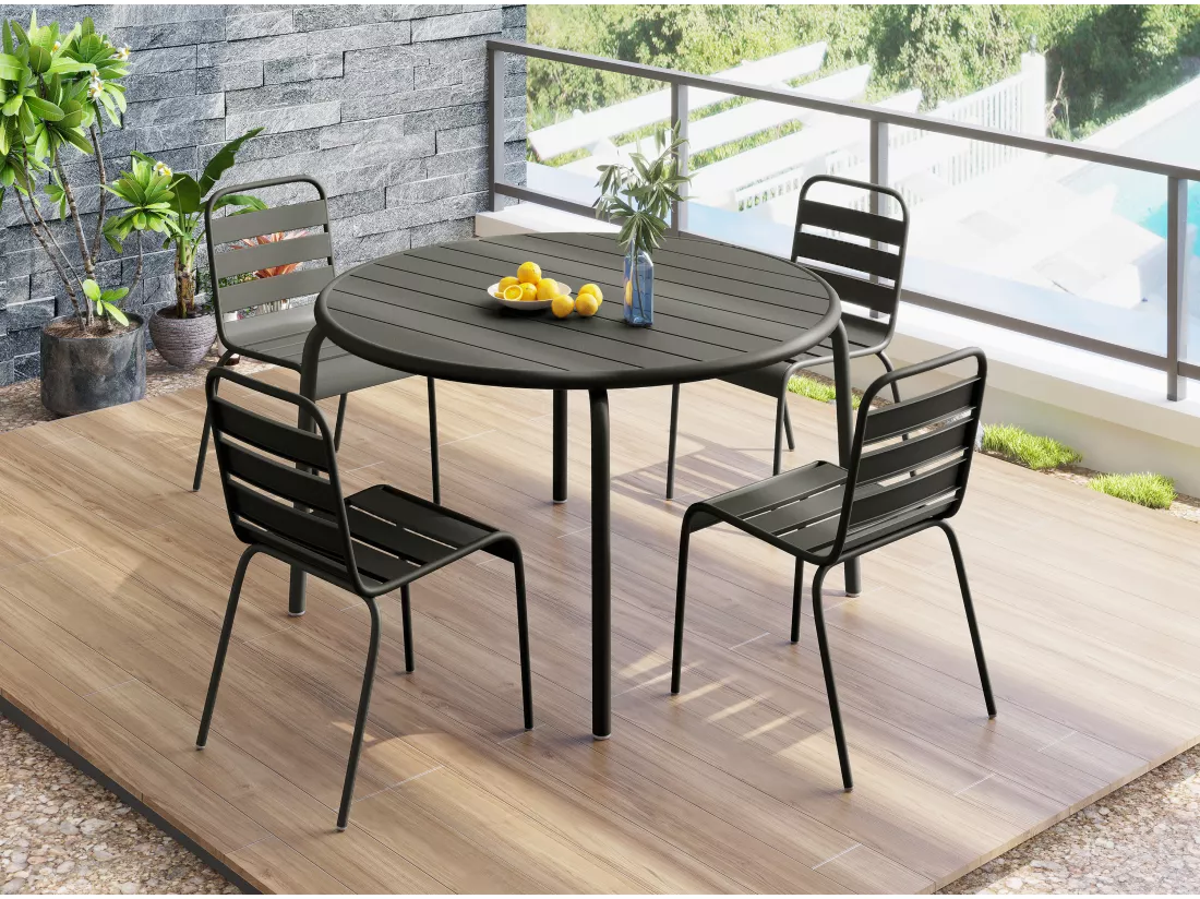Sala da pranzo da giardino MIRMANDE in metallo antracite: un tavolo D.110 cm e 4 poltroncine impilabili