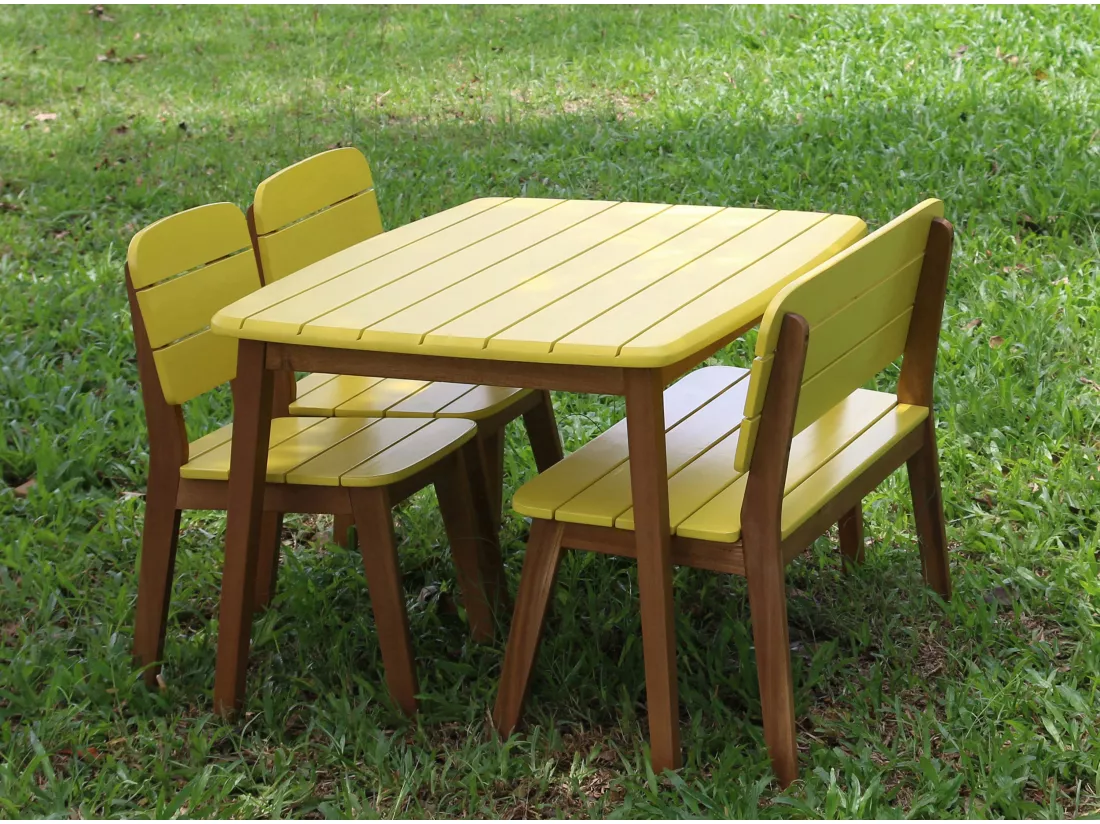 Sala da pranzo da giardino per bambini gialla in acacia: 2 sedie, 1 panca e 1 tavolo - GOZO