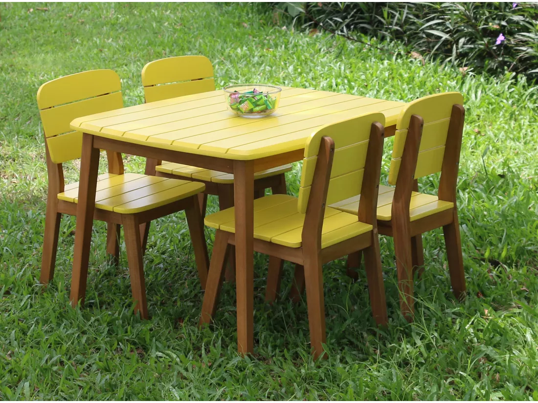 Sala da pranzo da giardino per bambini gialla in acacia: 4 sedie e 1 tavolo - GOZO