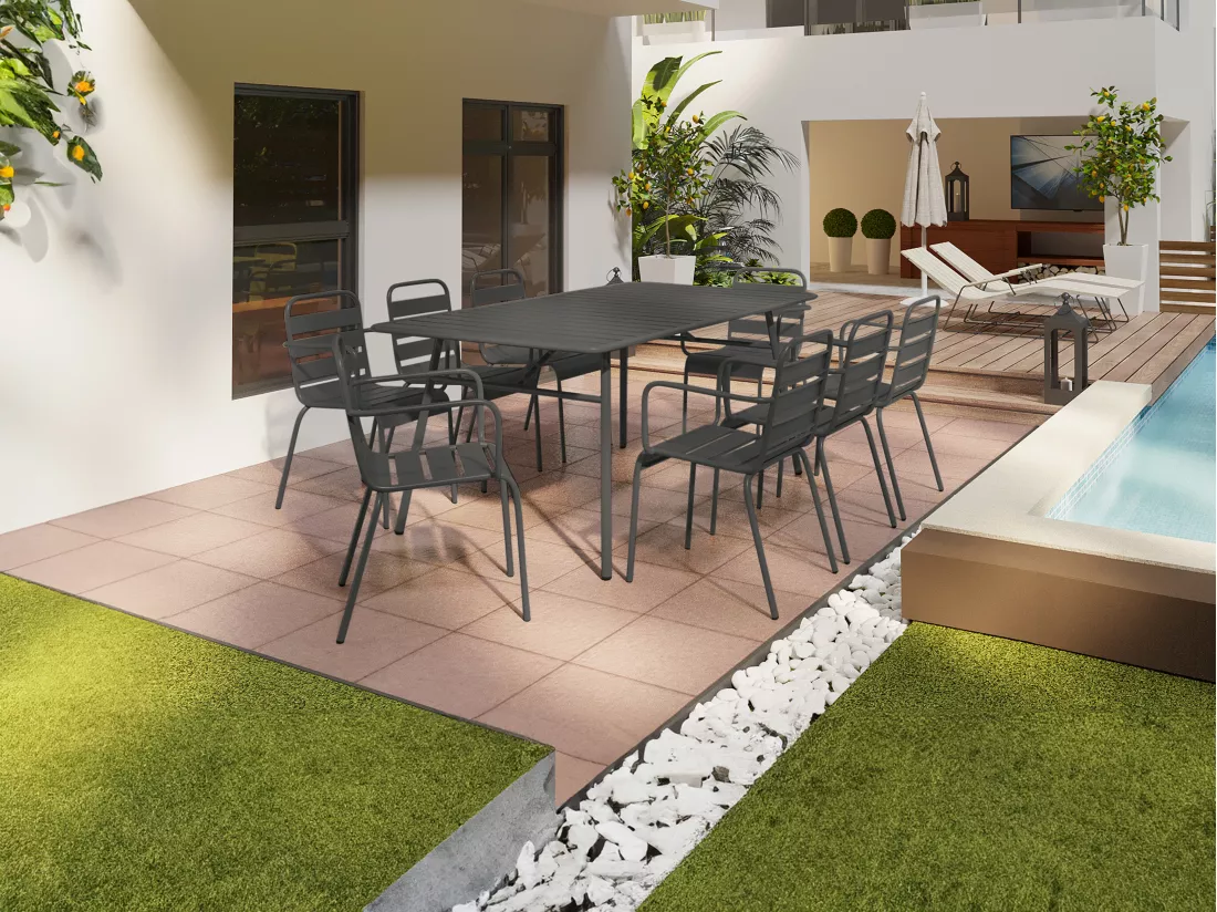 Set da pranzo da giardino in metallo - Tavolo L.200 cm e 8 sedie impilabili - Grigio scuro - MIRMANDE by MYLIA