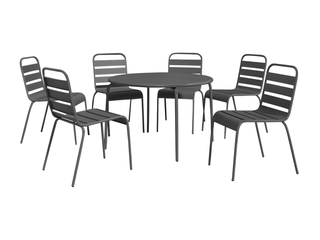 Set da pranzo da giardino in metallo - Tavolo rotondo D.130 cm e 6 sedie impilabili - Grigio scuro - MIRMANDE by MYLIA