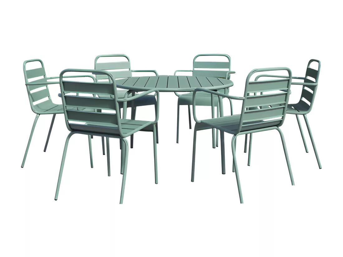 Set da pranzo da giardino in metallo - Tavolo rotondo D.130 cm e 6 sedie impilabili - Verde mandorla - MIRMANDE by MYLIA