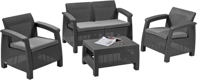 Set Divano Tavolino Relax da Giardino in Resina Antracite Corfù 4 Posti Keter