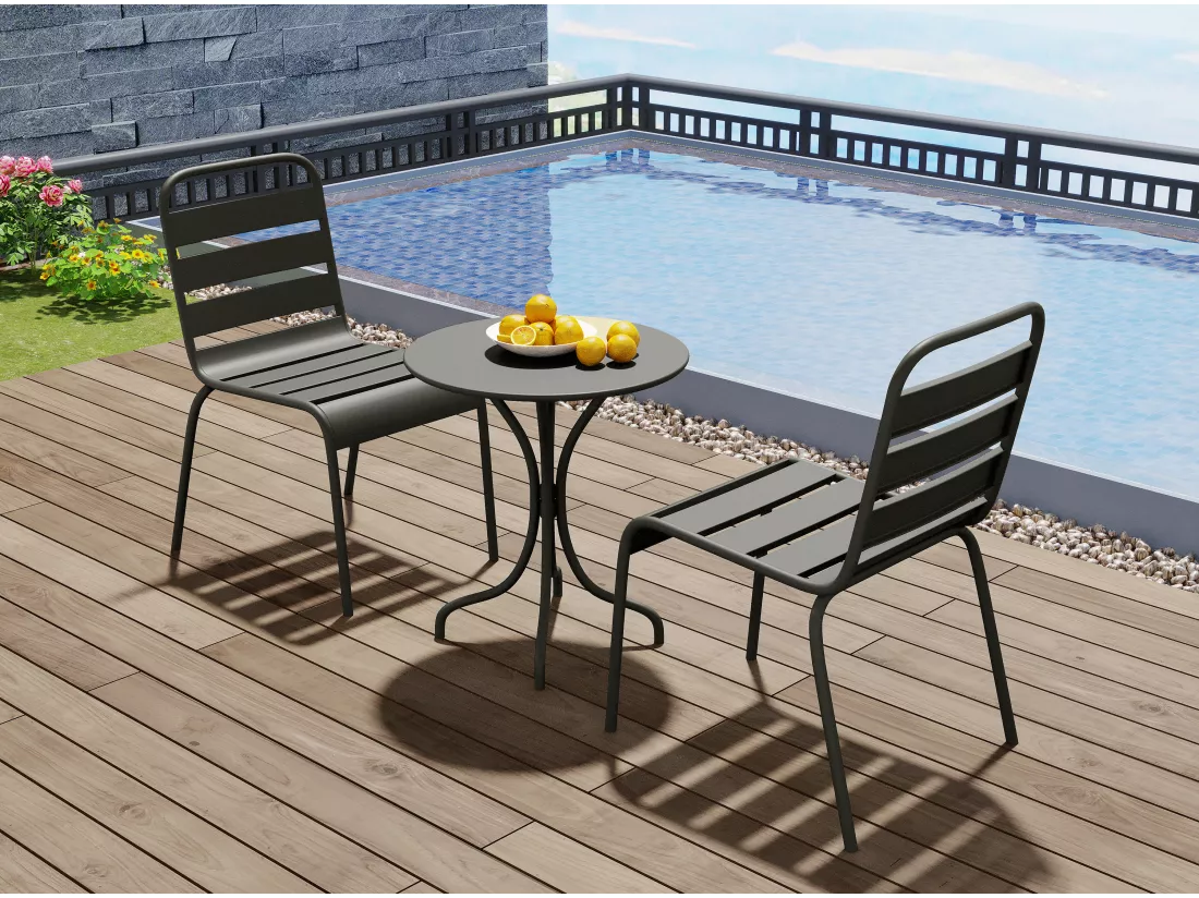 Tavolo da pranzo da giardino in metallo antracite MIRMANDE: un tavolo D.60 cm e 2 sedie impilabili