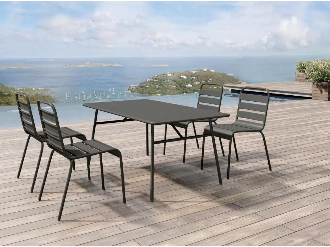 Tavolo da pranzo da giardino in metallo antracite MIRMANDE: un tavolo L.160 cm e 4 sedie impilabili