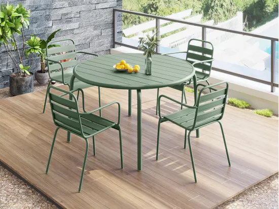 Tavolo da pranzo da giardino in metallo verde mandorla MIRMANDE: un tavolo D.110 cm e 4 sedie impilabili