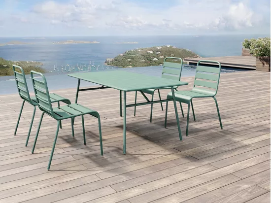 Tavolo da pranzo da giardino in metallo verde mandorla MIRMANDE: un tavolo lungo 160 cm e 4 sedie impilabili
