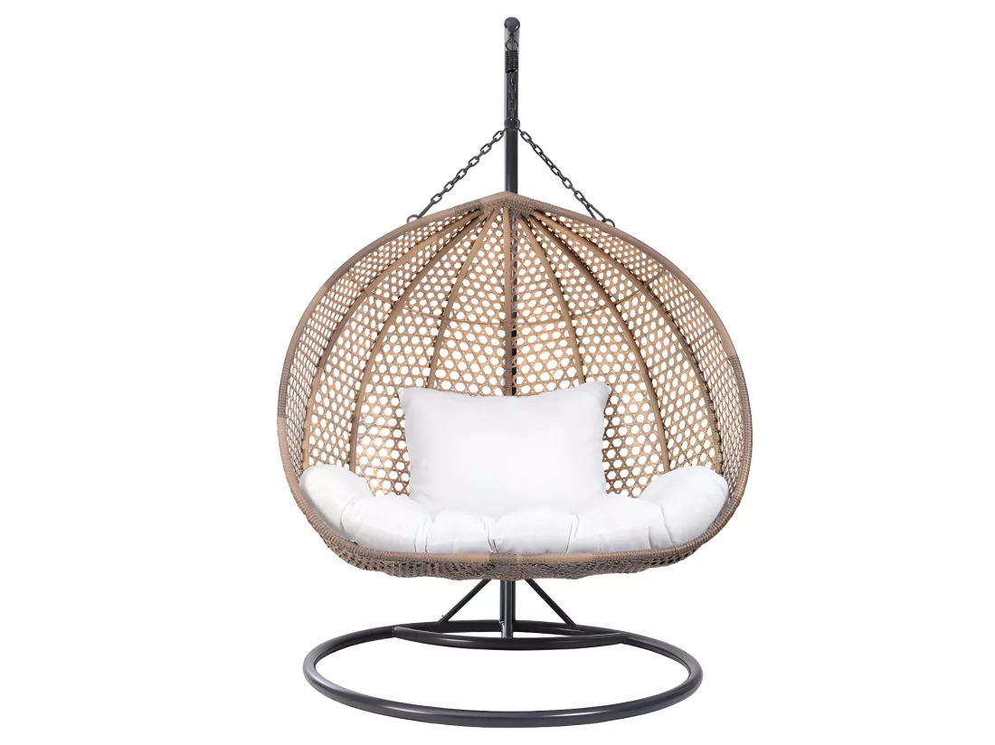 VAHINA Poltroncina sospesa a 2 posti in resina intrecciata beige e cuscino bianco